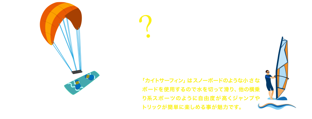 ウインドサーフィンとの違いは？「ウィンドサーフィン」はボードとセイル（帆の部分）がくっついたギアを使います。時速50キロにもなるスピードが魅力の「ウィンドサーフィン」に対して、「カイトサーフィン」は水の抵抗から解放されたふわふわした浮遊感が魅力です。